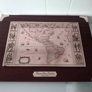 Vintage America Nova Tabula 1636 Map Etched on Metal Framed in Mahogany Repro